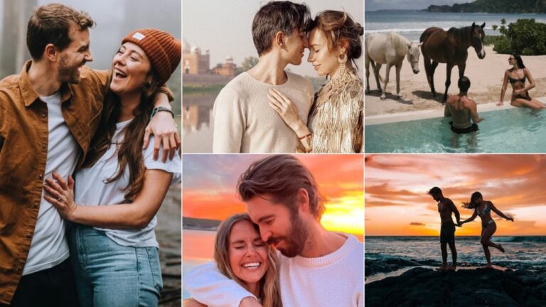 A collage of couples in love; laughing, embracing, forehead touching near a river, relaxing in a pool with horses