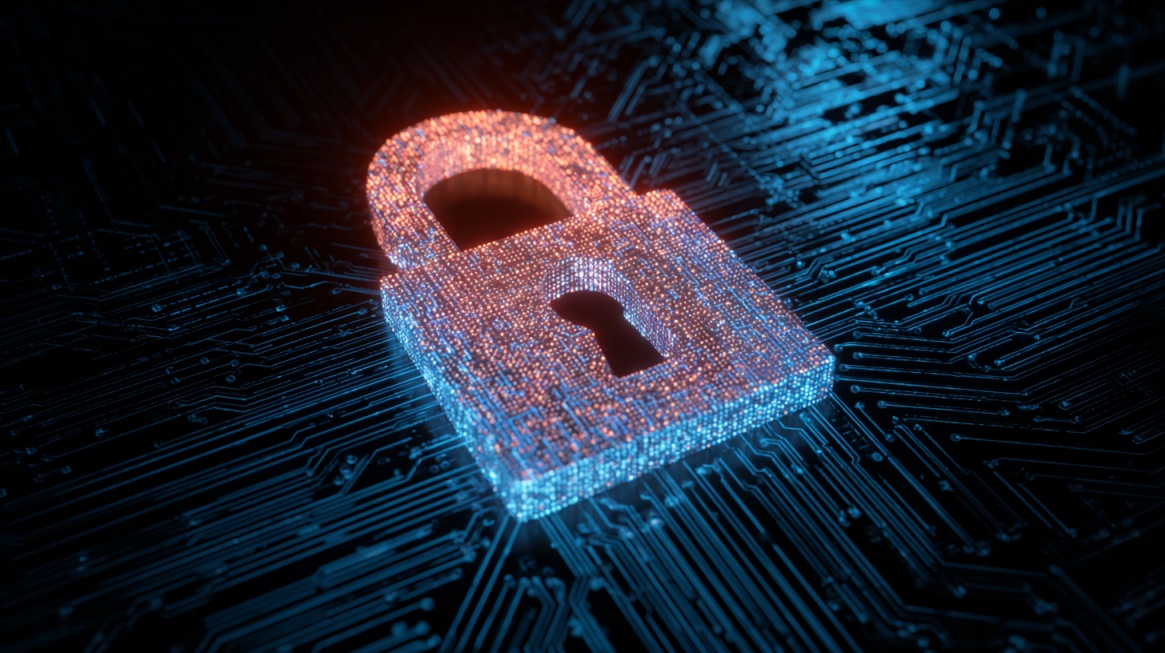 Glowing digital padlock over a circuit board representing cybersecurity