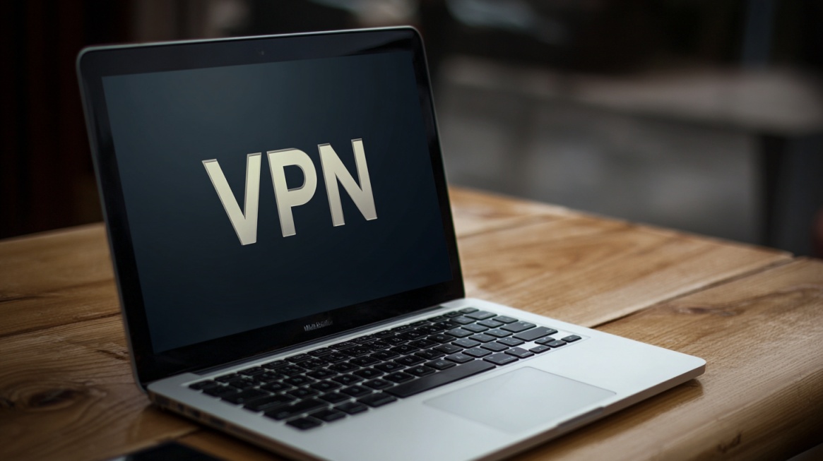 Laptop on a table displaying the word VPN on the screen