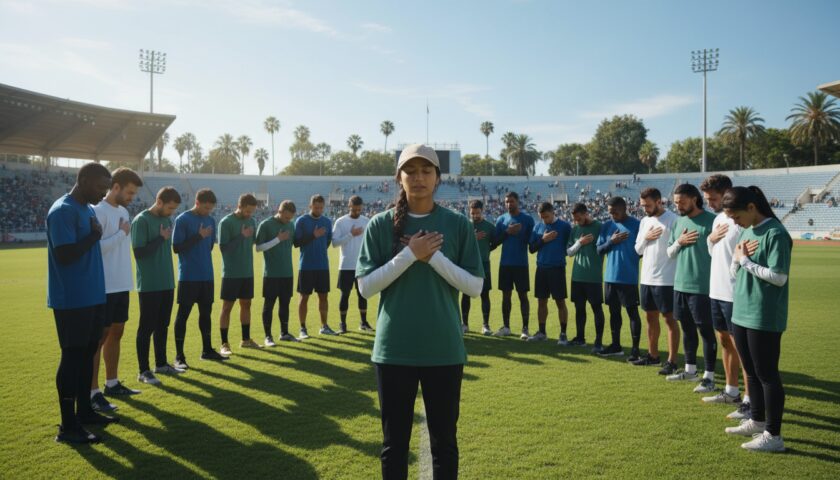 athletes participating in an opening prayer for a sports program