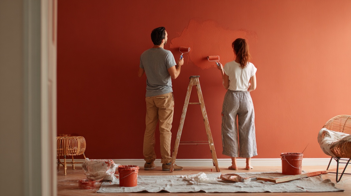 Couple painting a warm terracotta colored wall during a home renovation project