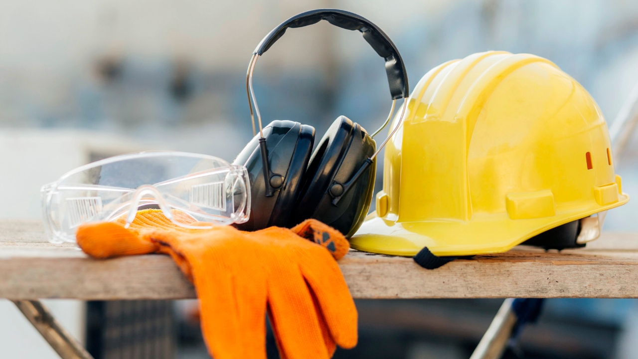 Yellow hard hat, gloves, safety glasses, and ear protection sit on a construction site table