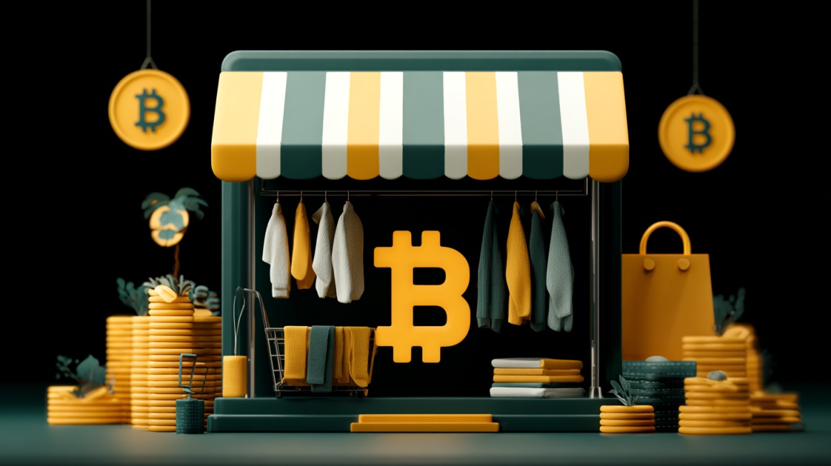 Stylized ecommerce storefront with Bitcoin symbols and stacked coins representing cryptocurrency payments in online retail