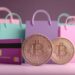 Bitcoin coins displayed beside shopping bags and a payment card, symbolizing crypto payments in ecommerce