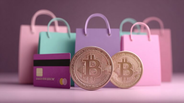 Bitcoin coins displayed beside shopping bags and a payment card, symbolizing crypto payments in ecommerce