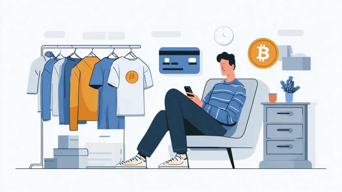 Illustration of a person shopping online with clothing items, a credit card icon, and Bitcoin symbols representing crypto-enabled ecommerce