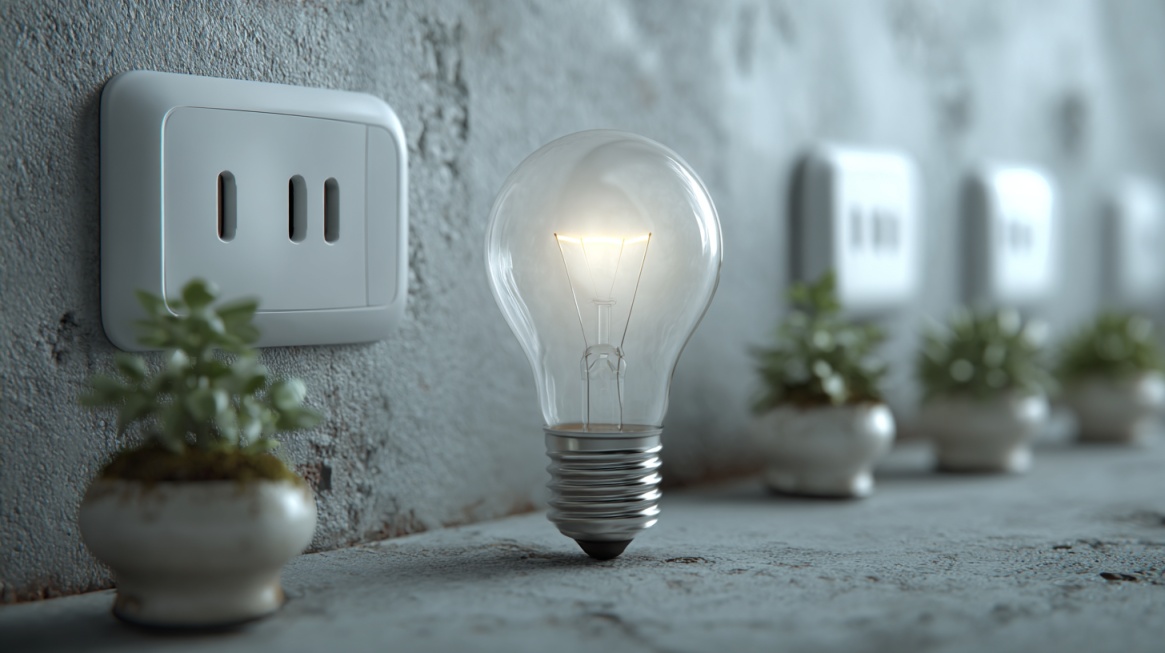 Light bulb beside wall switches and small plants representing energy efficient home features