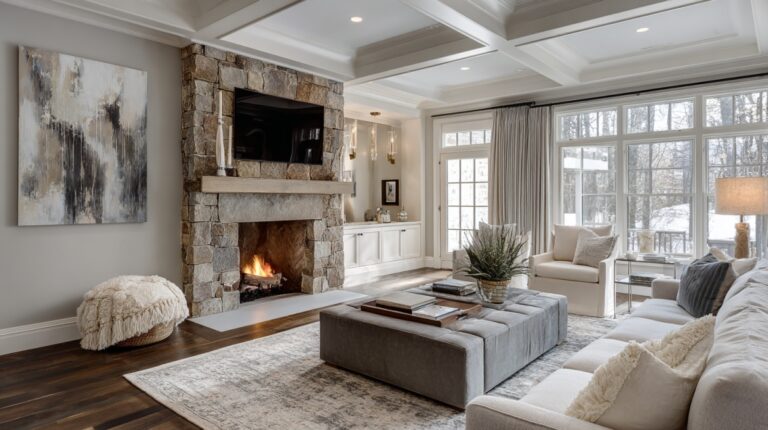 Bright modern living room with a stone fireplace, neutral furniture, large windows, and upscale interior design finishes