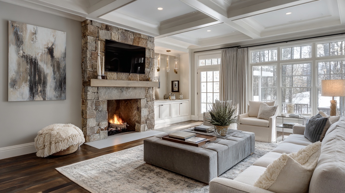 Bright modern living room with a stone fireplace, neutral furniture, large windows, and upscale interior design finishes
