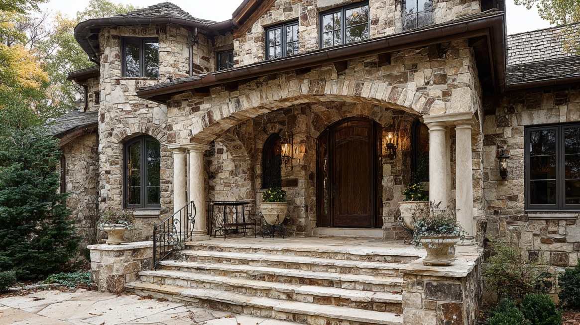Luxury stone house exterior with arched entryway, textured masonry walls, columns, and large wooden front doors