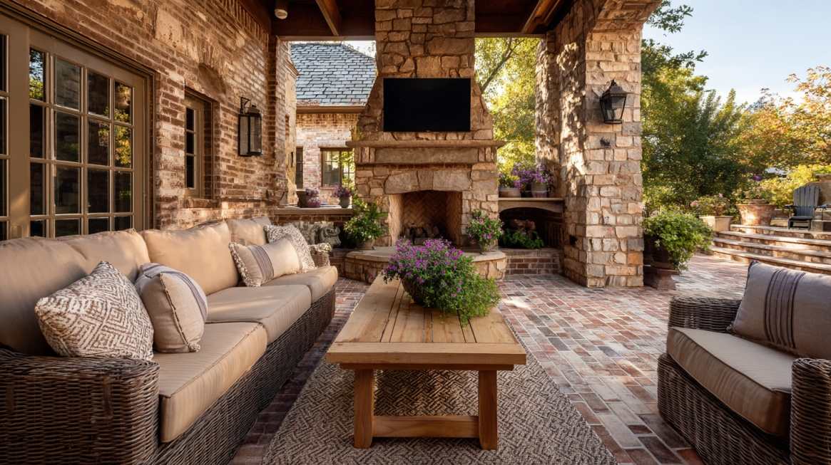 Luxury outdoor patio with wicker seating, stone fireplace, and landscaped surroundings