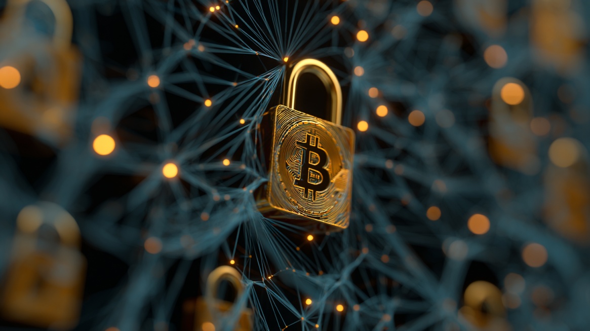Digital illustration of Bitcoin padlocks connected through a network, symbolizing cybersecurity and secure crypto transactions