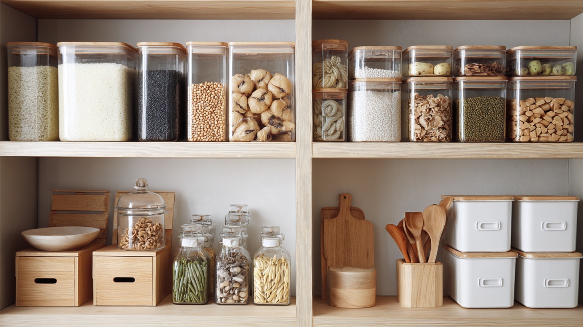 Organized pantry shelves with clear containers, wooden kitchen tools, and storage bins.