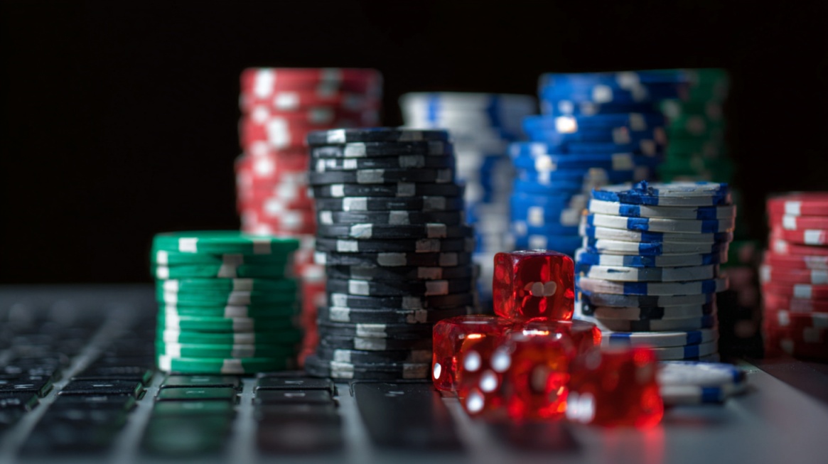 Stacks of casino chips and red dice placed on a laptop keyboard, representing online casino gaming, risk, and wagering strategies