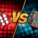 Split-screen illustration showing two dice on opposing sides with a large "VS" in the center, representing a comparison between Bonus Buy and Progressive Games