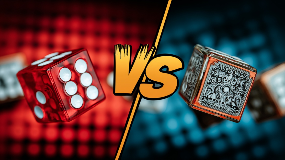 Split-screen illustration showing two dice on opposing sides with a large "VS" in the center, representing a comparison between Bonus Buy and Progressive Games