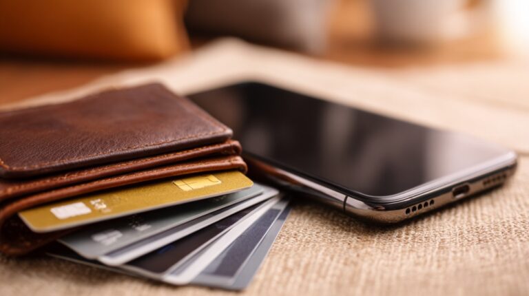 Close-up of a smartphone next to a leather wallet containing multiple payment cards, representing digital and traditional payment methods