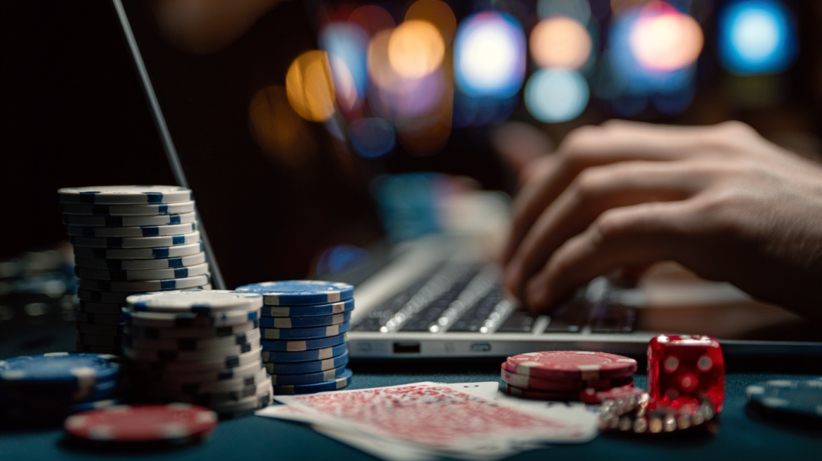 Casino chips, playing cards, and a red die beside a laptop, with hands typing in the background, representing online gaming and progressive jackpots