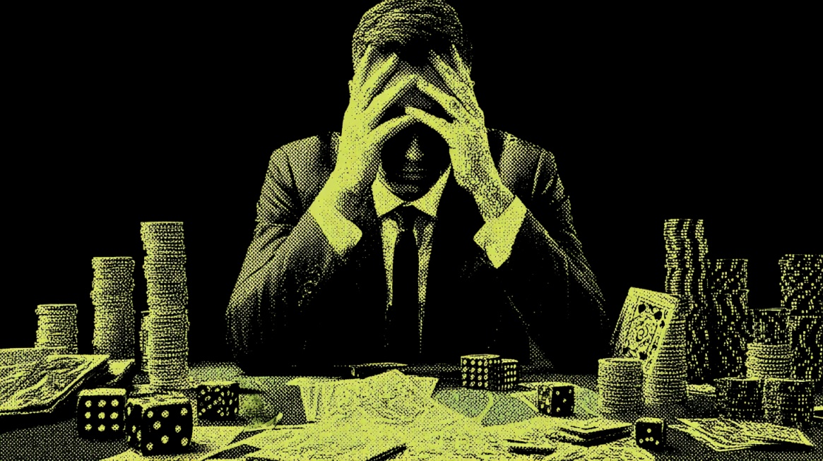 Illustration of a person sitting at a gambling table with chips, cards, and dice, holding their head in frustration to symbolize gambling-related stress and financial risk
