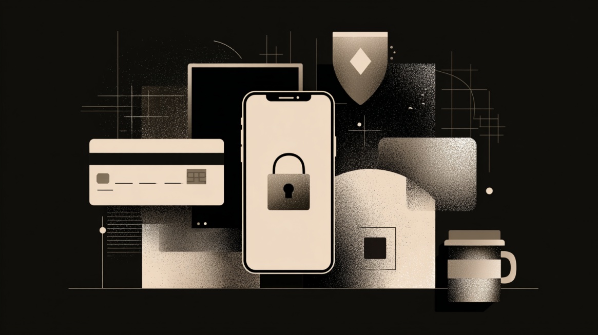 Illustration of a smartphone with a lock icon, payment card, shield symbol, and digital security elements representing secure online payments