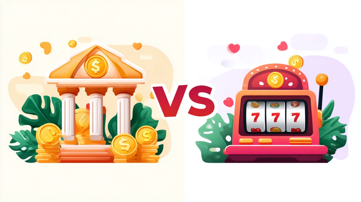 Illustration comparing a bank filled with coins and a slot machine, separated by a large "VS" symbol to represent different gaming approaches