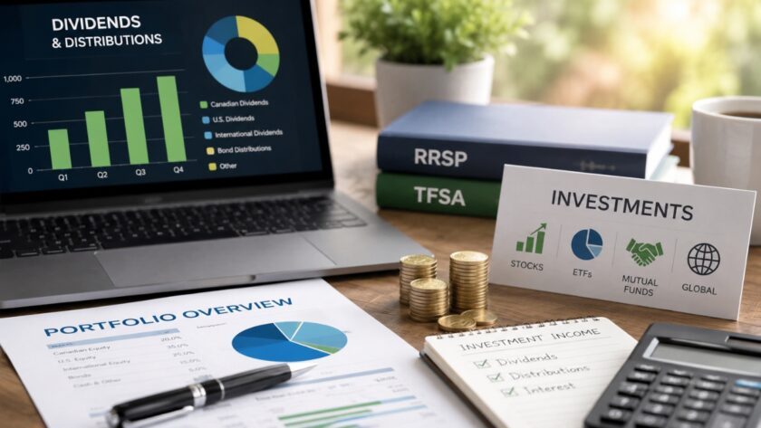 A laptop and financial documents show dividend income, investments, RRSP, and TFSA accounts