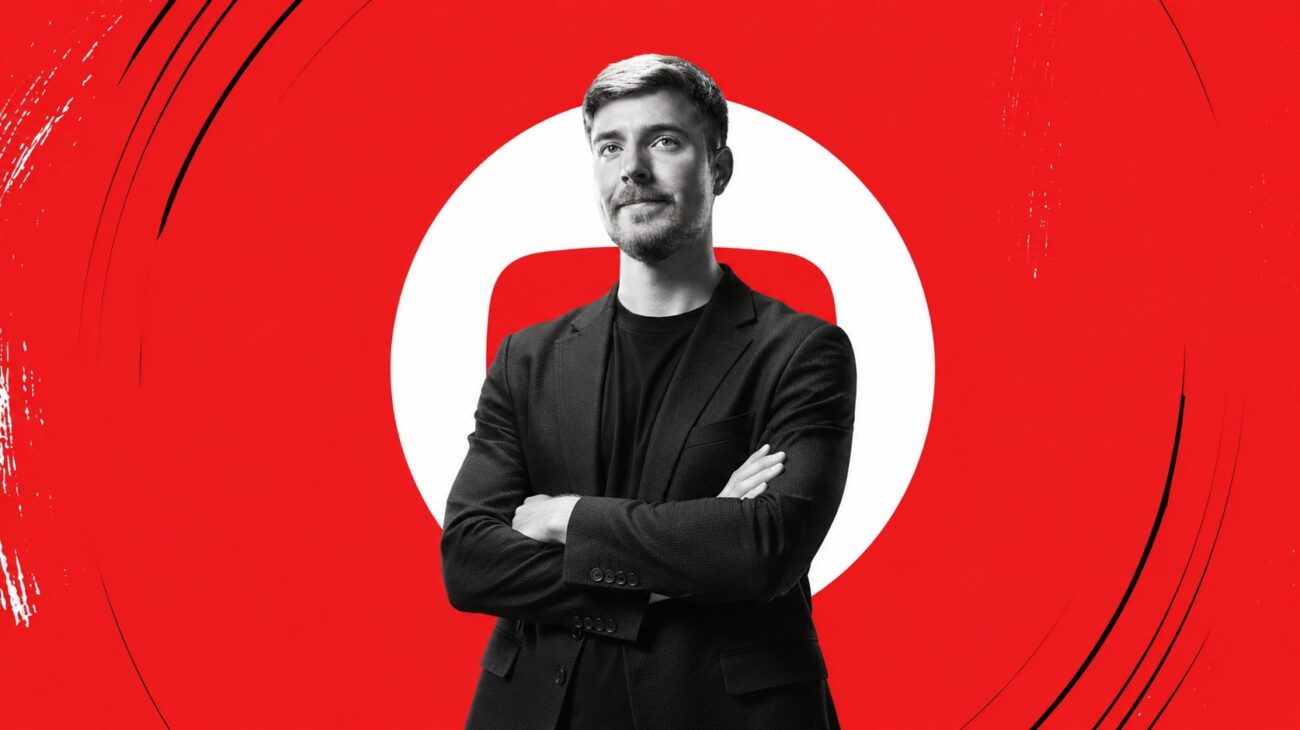 Man in a black jacket standing with crossed arms against a red YouTube-inspired background.