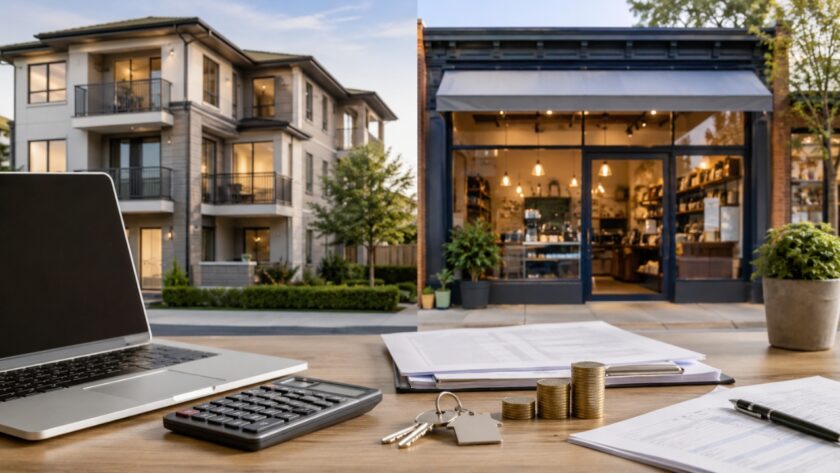 A laptop, property keys, financial papers, and a storefront represent rental and business income