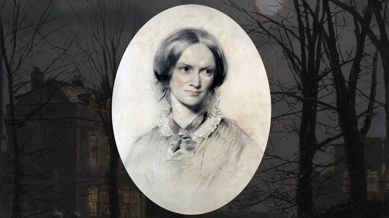 Portrait of Charlotte Brontë against a dark woodland and house.
