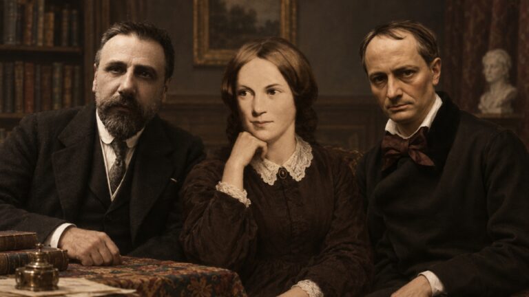 Three historical figures sit together in a dark study with books and period decor.