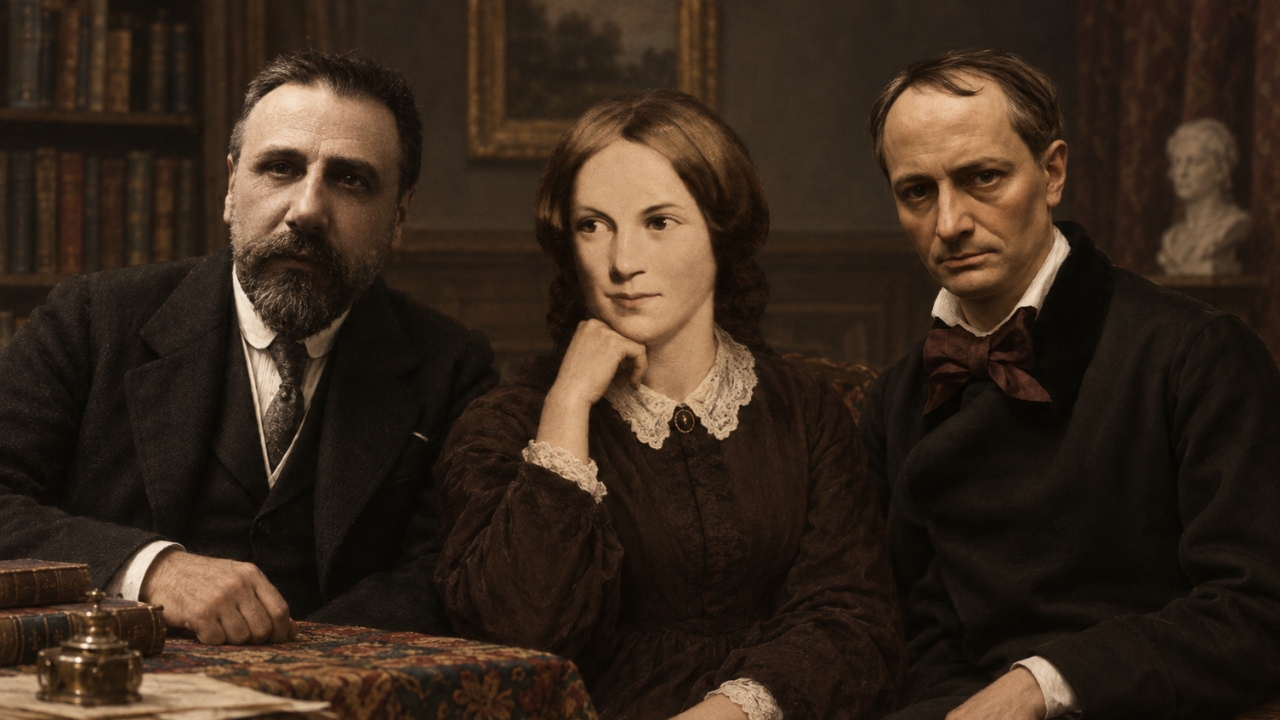 Three historical figures sit together in a dark study with books and period decor.