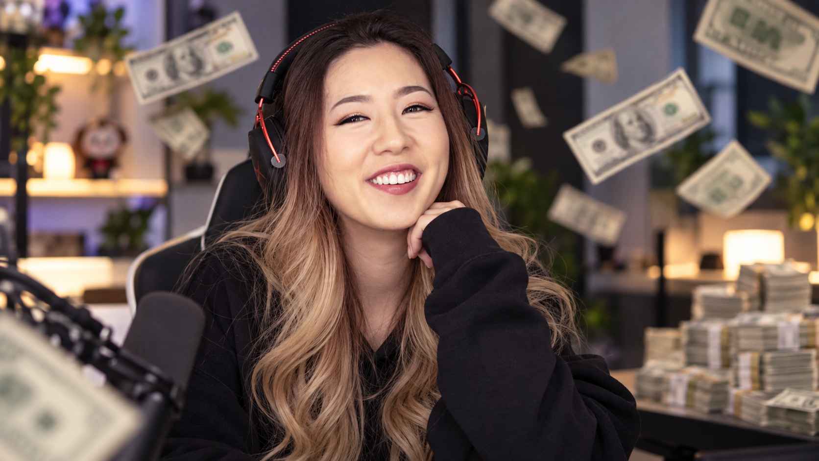 Woman wearing headphones smiling with floating cash and stacks of money in the background.