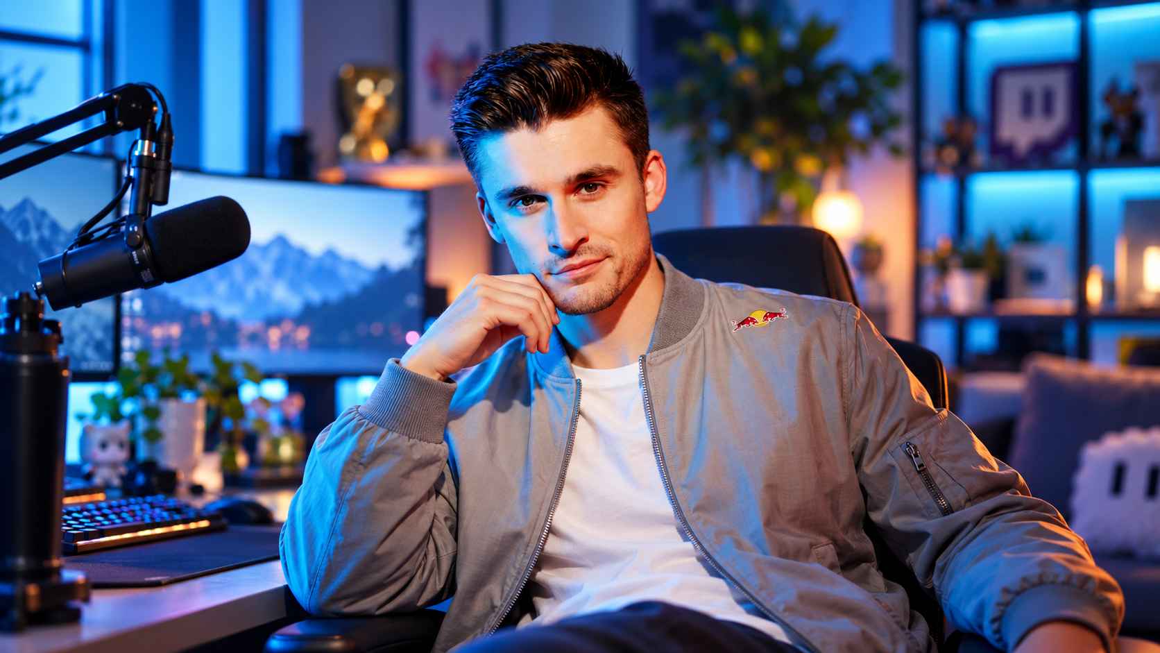 Ludwig Ahgren sits beside a microphone in a blue-lit studio with a computer behind him.