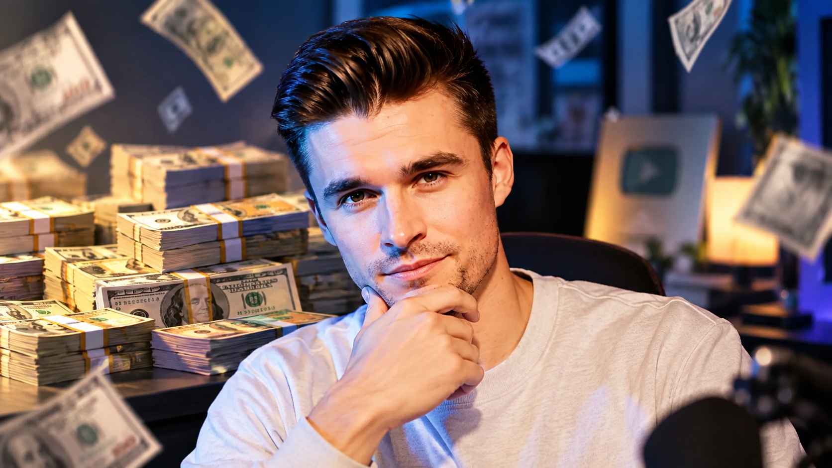 Ludwig Ahgren sits in a studio with stacks of cash and dollar bills in the background.