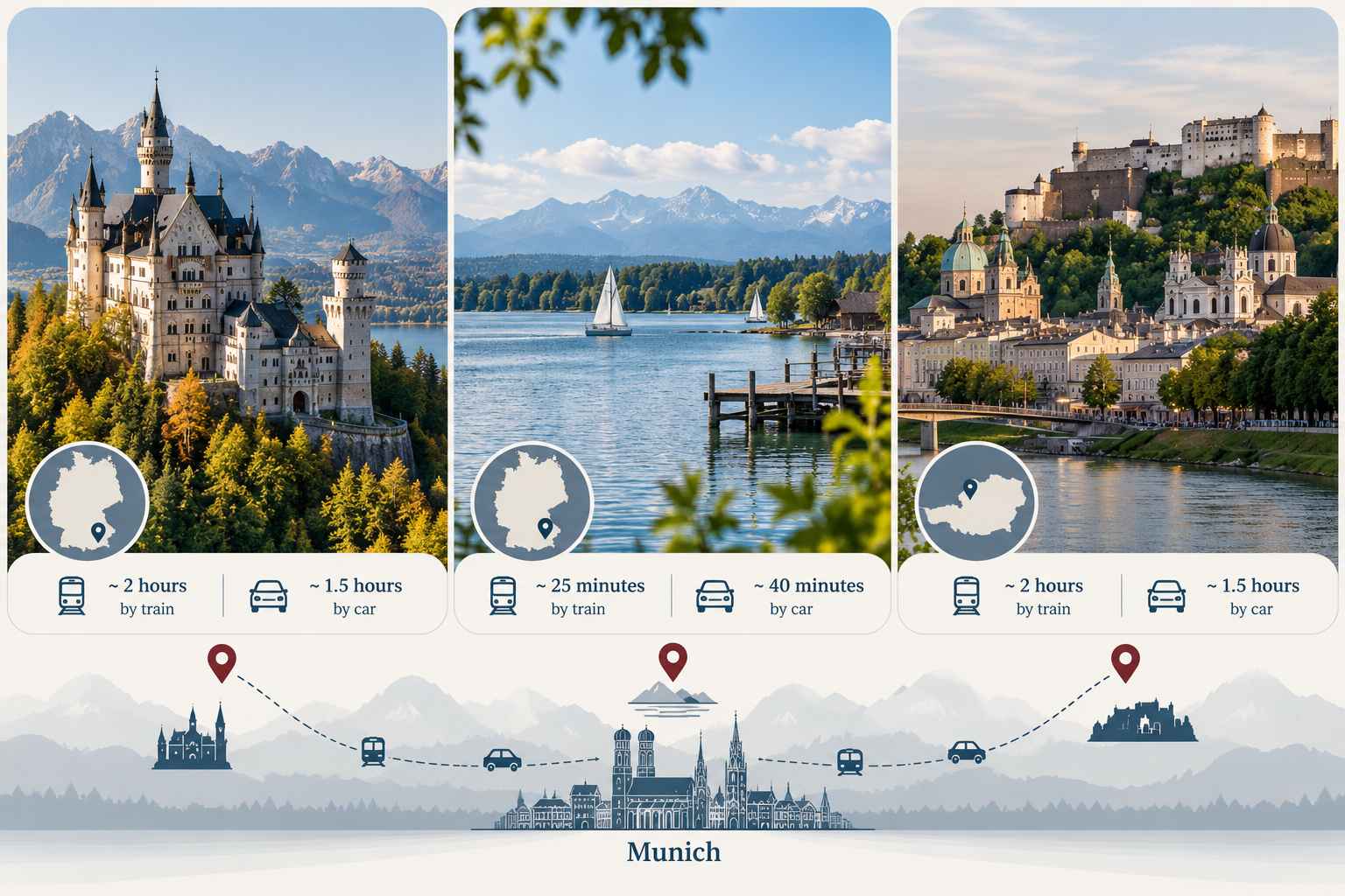 Munich day trips infographic featuring Neuschwanstein Castle, Starnberger See, Salzburg, and estimated travel times.