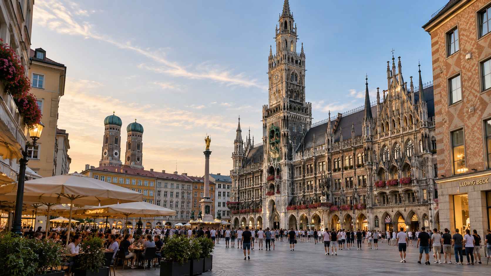 Munich's Marienplatz with the historic New Town Hall, Frauenkirche towers, outdoor cafés, and pedestrians.