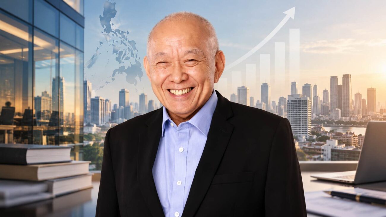 Eusebio Tanco with a Philippine city skyline and business growth graphics in the background.