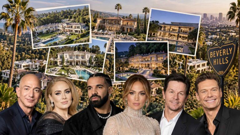 Collage of Beverly Hills luxury mansions with Jeff Bezos, Adele, Drake, Jennifer Lopez, Mark Wahlberg and Ryan Seacrest.