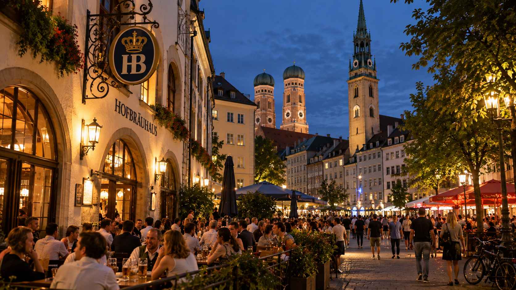 Munich nightlife scene with a crowded outdoor beer garden, traditional buildings, and illuminated streets.