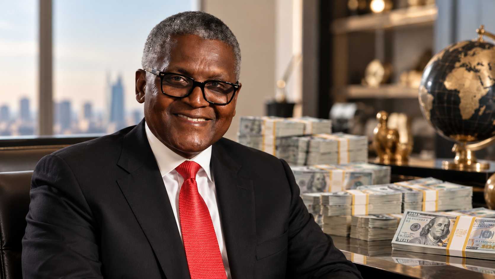 Aliko Dangote in a black suit with stacks of US dollar bills in the background.
