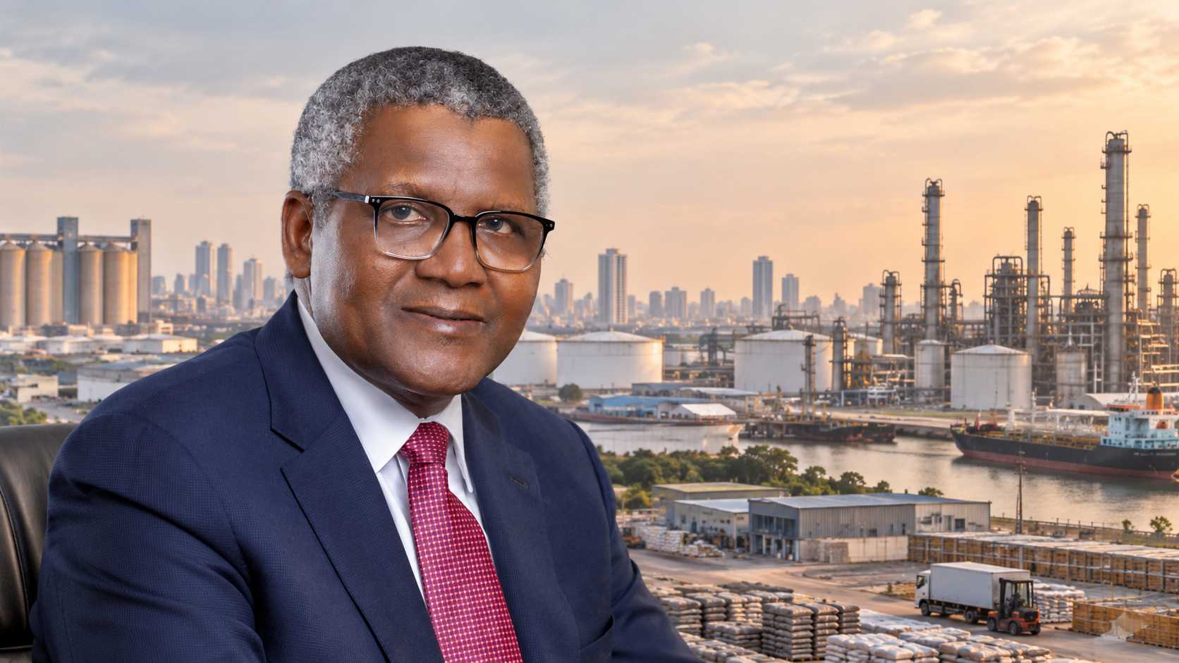 Aliko Dangote pictured against an industrial backdrop featuring an oil refinery, cement facilities, and cargo ships.