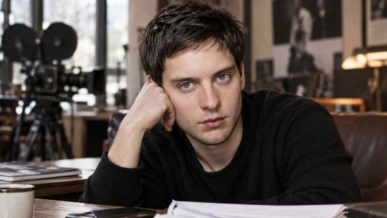 Tobey Maguire in a casual black sweater, seated in a film studio.