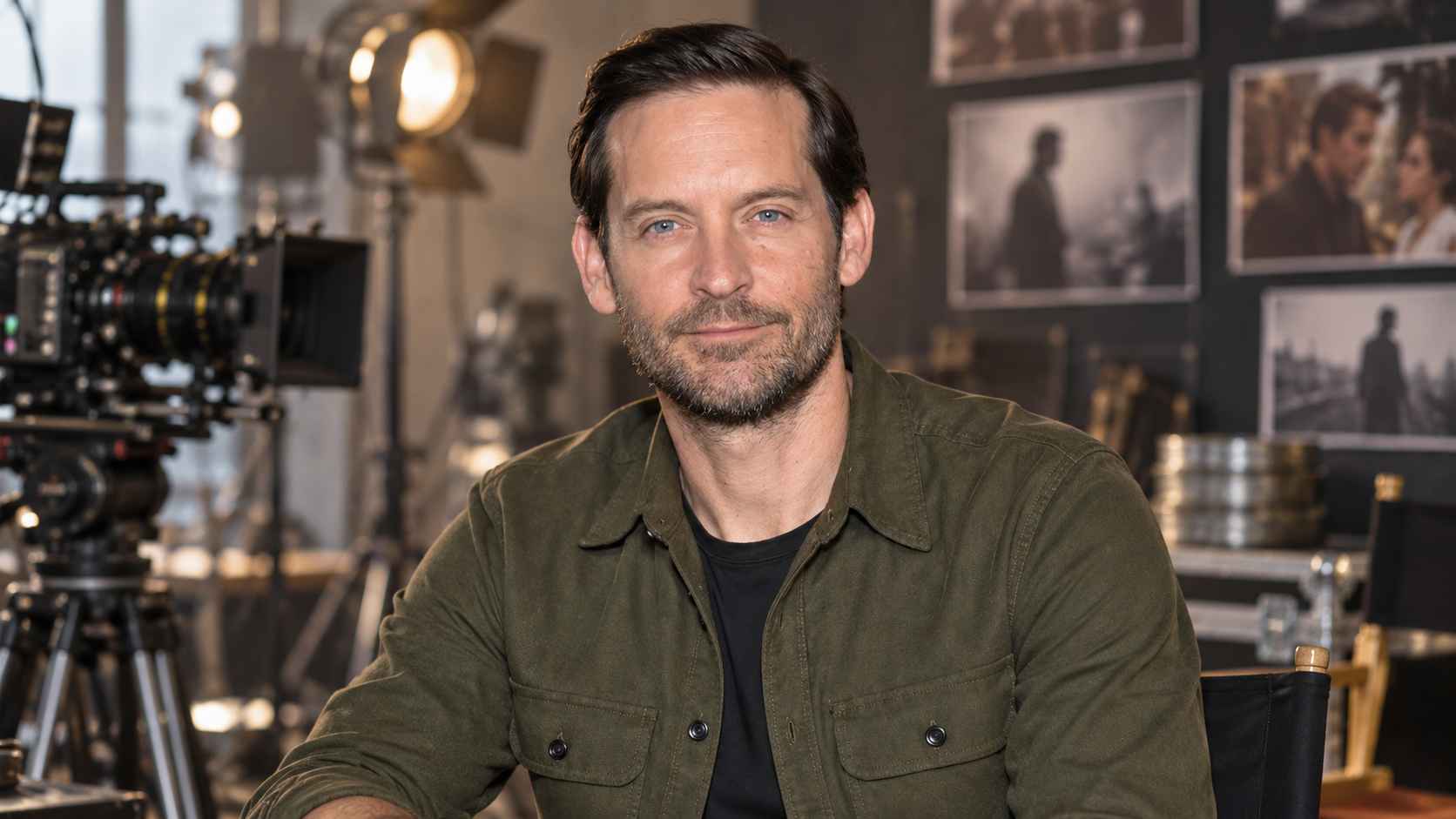 Tobey Maguire in an olive green shirt with film cameras and movie equipment in the background.