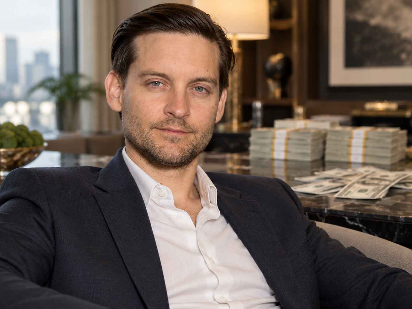 Tobey Maguire in a navy suit with stacks of US dollar bills in the background.